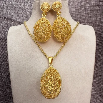 Etiopski Zlato Barvo, nakit sklopov 24k Velik Obesek Ogrlico, Uhane Dubaj nakit kompleti za ženske Afriške poročni Nakit Set