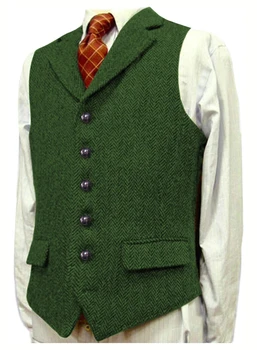 Moška Obleka Telovnik Zelena Kost Volne Tweed Polno Prilagojene Ovratnik Moški Gospod Poslovnih Waistcoat za Poroko Ženina Rjave barve Telovnik