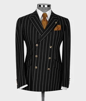 Nov Prihod Črne Trakove Moške Obleke 2023 Dvojno Zapenjanje Slim Fit Jakno, Hlače, Jopič/Poslovni Formalno Kostum Homme Določa
