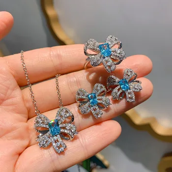 Novi Sea Modra Kristal Bowknot Kosti Verige Ogrlico, Uhane Obroč Iz Metulj 925 Sterling Silver Za Ženske, Nakit Za Svate