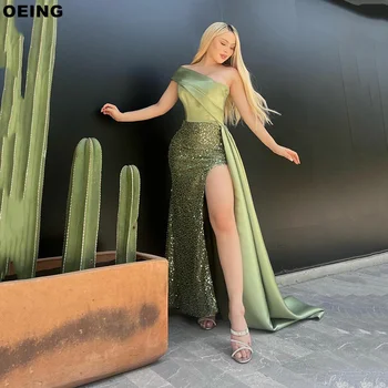 OEING Zelena Elegantno morska deklica Prom Oblačenja Seksi Strani Split Eno-Ramo Večerne Obleke za Posebne Priložnosti Halje Vestidos De Novia