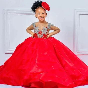 Rdeča Afriške Roža Punca Obleke Žogo Obleke Z Dolgimi Rokavi Beaded Baby Deklica Peageant Obleko Oblek Za Črno Dekleta