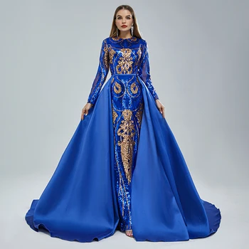 Royal Modra 2v1 Dolg Luksuzni Večerne Obleke Saten Elegantne Obleke za Ženske Stranki Poroka Maturantski ples Obleke, Halje za Ženske Bu10053